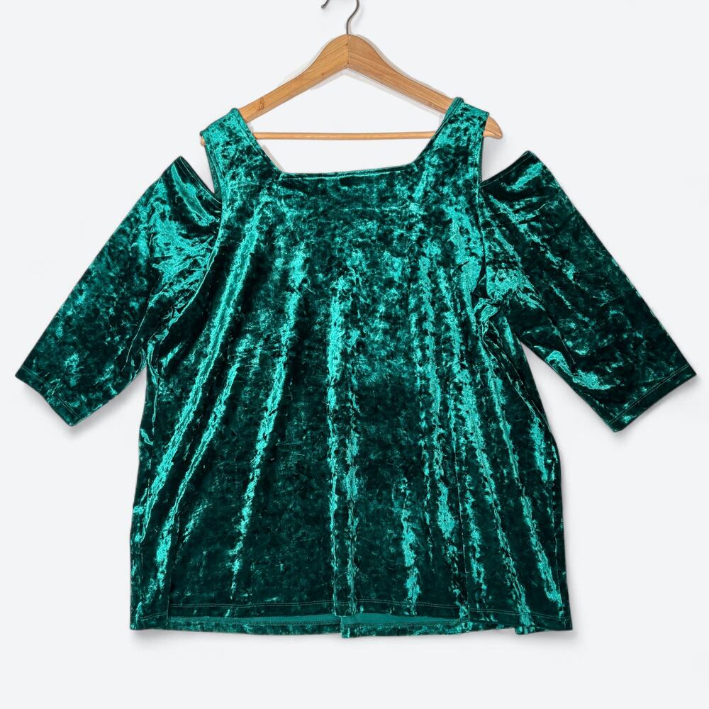 Catherines Green Crushed Velvet Cold Shoulder Top Womens 1X 18/20W Square Neck - Picture 2 of 5